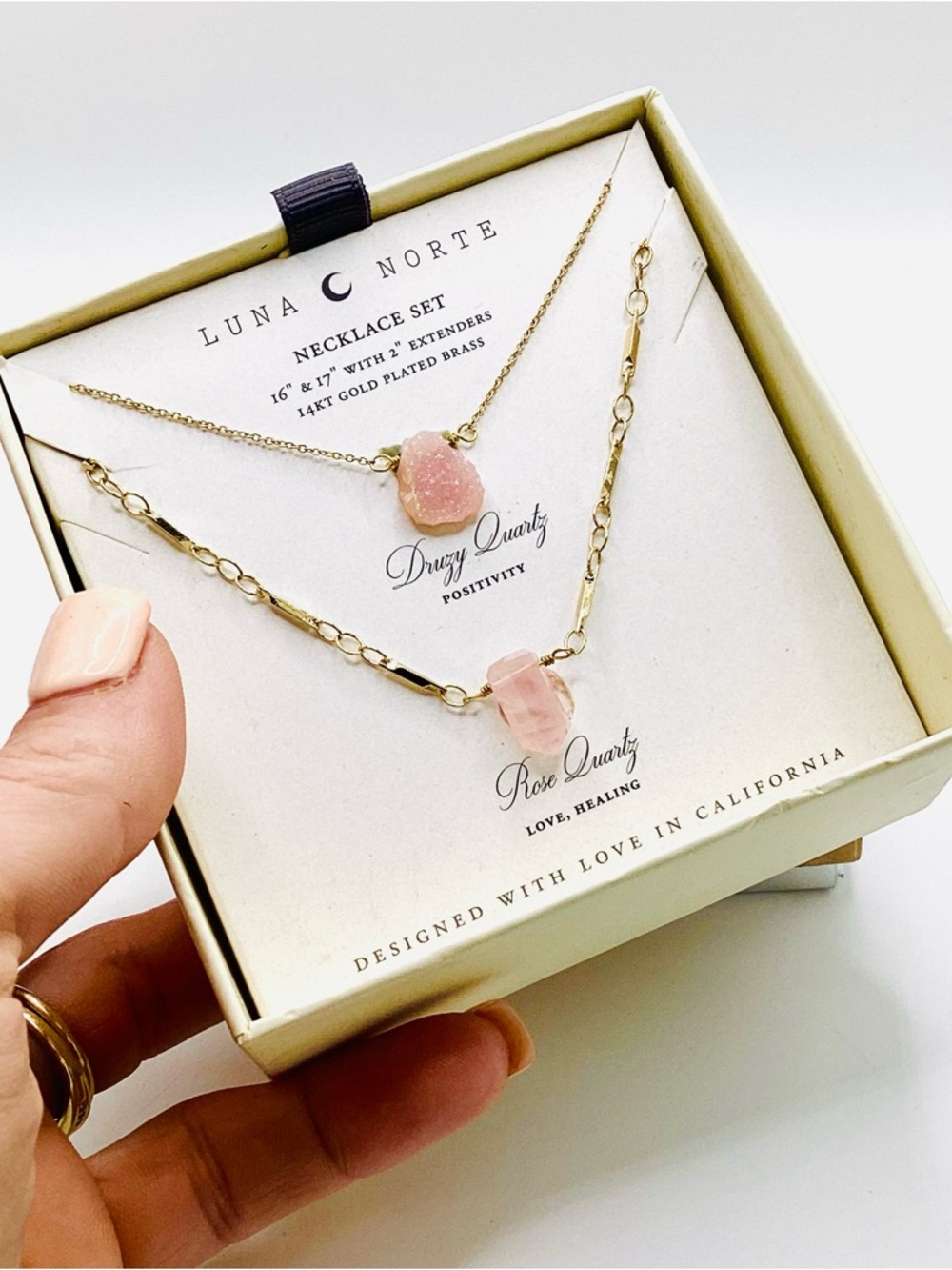 Luna Norte Pink Rose & Druzy Quartz Gold-Plated Necklace Set - Picture 4 of 7